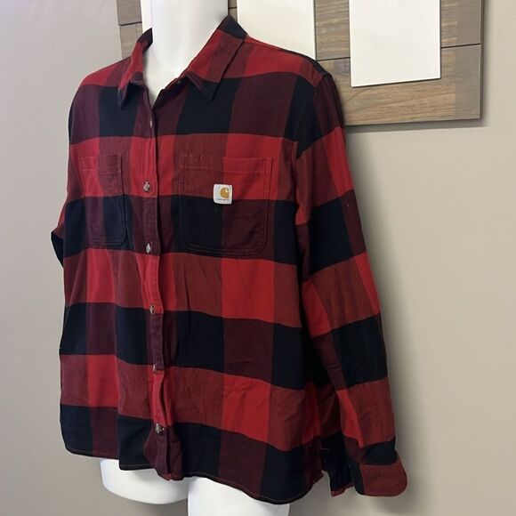 Carhartt Red Black Checkered Rugged Flex Loose Fit Button Down Flannel Shirt- 2X - Picture 2 of 16